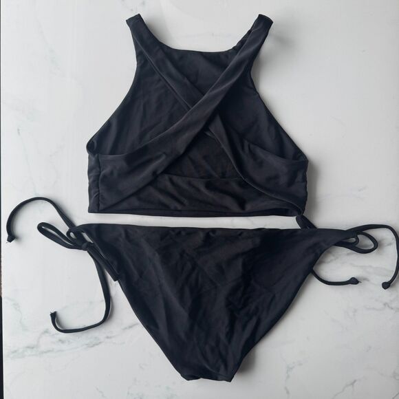 Made in USA BIKYNI brand The Crop (XS) + The String (M) 2pc Bikini Set - Black - Picture 2 of 14